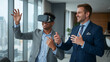 © Suborna - Man using VR headset to view apartment or house deal at property office while agent explains real estate offer 4k image