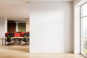Poster - Empty white wall in modern office interior with bright daylight, open space layout and desk workstations, perfect for poster or artwork presentation mockup. 3D Rendering