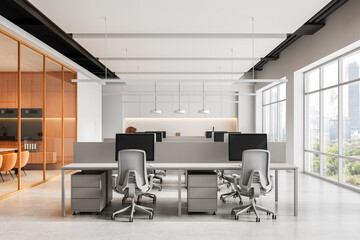 Poster - Modern open space office interior with minimalist furniture, large windows, and city view promoting a clean and collaborative workspace design concept. 3D Rendering