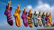 © Nataliia_Trushchenko - Colorful socks hanging on a clothesline against a bright blue sky, showcasing various patterns and textures, creating a cheerful and vibrant outdoor laundry scene