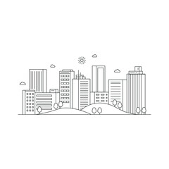 Wall Mural - Cityscape. Modern flat line landscape vector. City landscape line art illustration with building, tower, skyscrapers. Vector illustration.