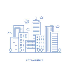 Wall Mural - Cityscape. Modern flat line landscape vector. City landscape line art illustration with building, tower, skyscrapers. Vector illustration.