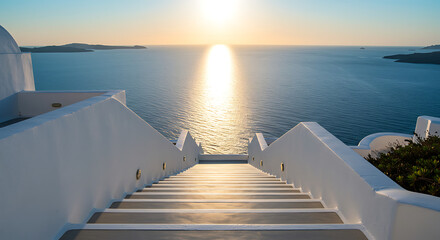  Stairway to a golden sunset over the aegean sea