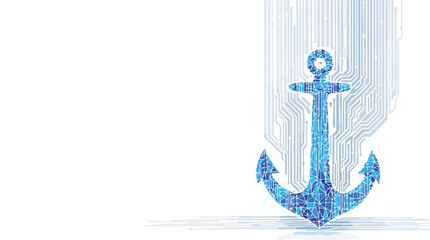 Poster - Digital anchor symbol in blue mosaic design with circuitry background on white space.