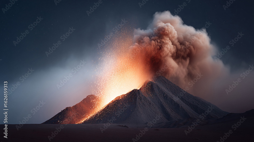 Dramatic volcano eruption at night, a fiery spectacle. Symbol of power ...