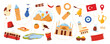 © Flash Vector - Travel to Turkey, Turkish culture elements and landmark, spicy food on tourist route to location. Galata Tower, Blue Mosque, Cappadocia with air balloons, Bosphorus Bridge cartoon vector illustration