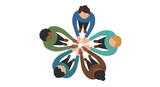 five diverse people standing in a circle, seen from a top-down perspective
