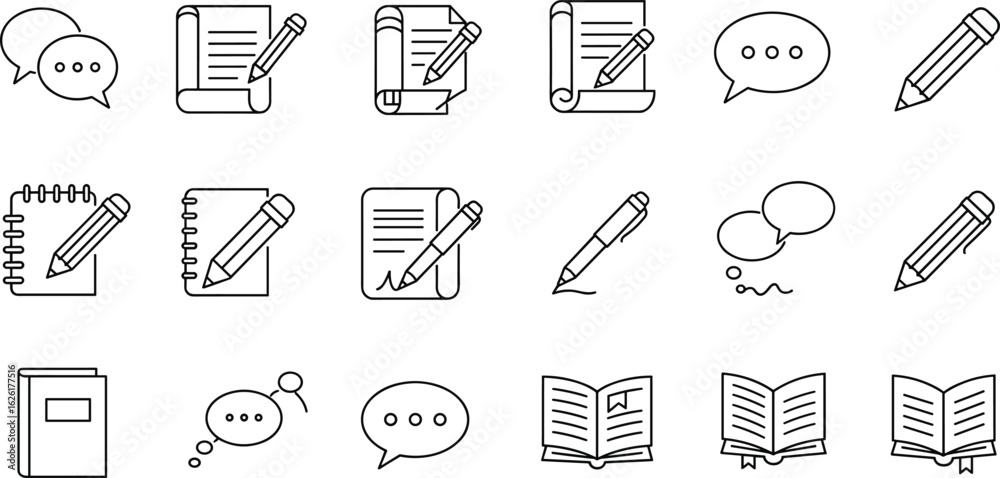 Writing and communication icon set, note taking vector, pencil ...