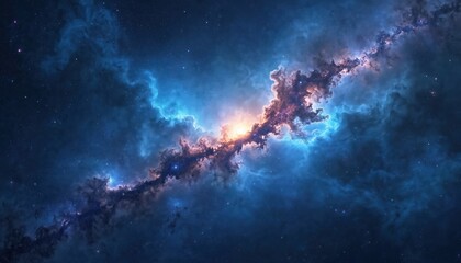 Wall Mural - Vast cosmic nebula in deep space with glowing stars and clouds. Blue and purple hues dominate scene, creating stunning galaxy backdrop. This seamless pattern evokes wonder and exploration of universe.