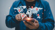 © saleha - Person using a device to interact with a global ai network visualization