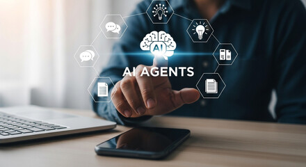 Person interacting with ai agents and technology icons on a screen
