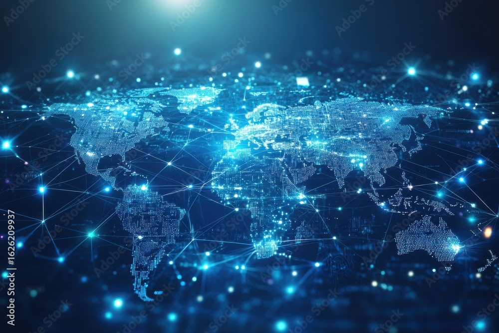 A light blue background with a digital world map and global network connections, representing the concept of international business or connectivity.