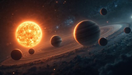 Wall Mural - Vivid portrayal of solar system planets, sun in deep space. Celestial bodies showcase orbit, gaseous formations, ring systems. Universe, galaxy, stellar art highlights cosmic exploration,