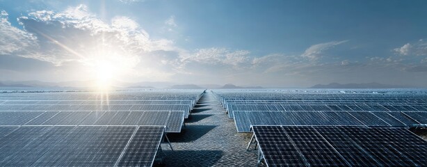 Vast solar panel farm under a partly cloudy sky