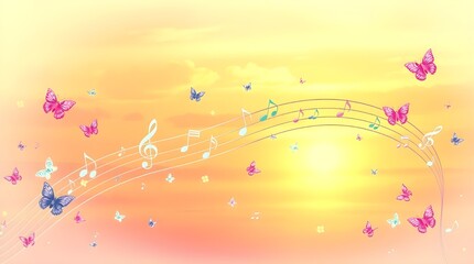 Wall Mural - sunset background with butterflies and musical notes
