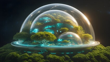 Wall Mural - Futuristic Biodome Enclosure. A large transparent dome encapsulates a vibrant, green ecosystem, complete with glowing trees and an otherworldly ambiance. The structure sits on a lush landscape