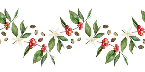 Watercolor coffee beans and branch with berries seamless border. The illustration botanical style hand drawn for menu, invitations, cards, packaging.