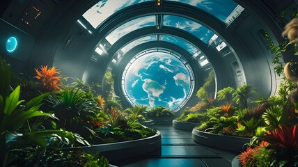 Wall Mural - Futuristic Space Habitat Corridor. A futuristic corridor on a space station is adorned with lush greenery and vibrant plants, suggesting a harmonious blend of nature and technology.