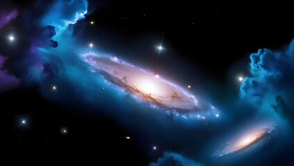 Wall Mural - A stunning spiral galaxy shines brightly amidst vibrant clouds of blue and purple. The glowing core contrasts beautifully with the surrounding space, suggesting a dynamic cosmic dance. 