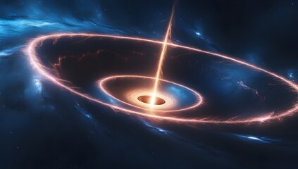 Wall Mural - A glowing ring encircles a central dark hole with a bright, luminous beam shooting upwards, set against a backdrop of swirling blue cosmic clouds. The scene evokes a sense of mystery and vastness 