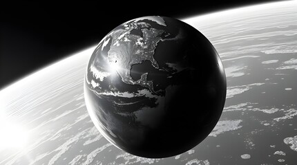 Wall Mural - a black and white depiction of earth shows the planet floating in space with a glowing light reflect