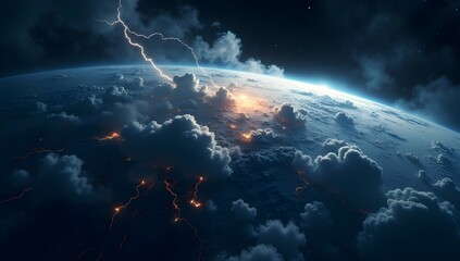 Wall Mural - a dramatic perspective of earth from space is illuminated by lightning striking through thick clouds