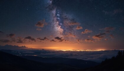 Wall Mural - Night sky panorama shows Milky Way galaxy, stars, clouds above city lights and fog layer. Mountain landscape silhouette. Astrophotography captures celestial beauty and urban glow.