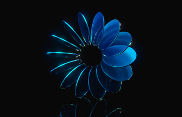 Abstract dynamic layered transparent crystal glass on dark background. 3d rendering