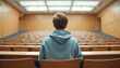 © Viktor - Student sits alone in empty university lecture hall. Back view of young man wearing hoodie in auditorium. Studying, learning, education concept. Thoughtful pupil in college classroom.