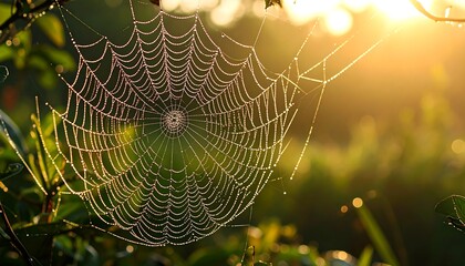Dew-Kissed Spiderweb: Golden Light Illuminating Intricate Design in Nature's Tapestry