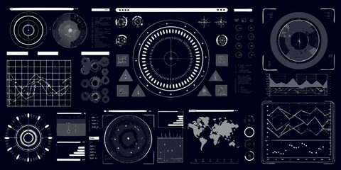Futuristic digital interface displaying complex data analytics and global information with charts and graphs