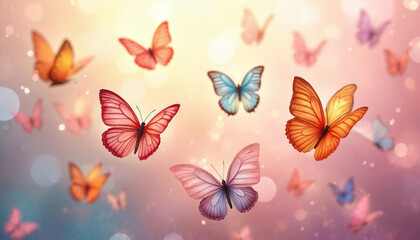 Wall Mural - Colorful illustration of butterflies in flight across pastel background. Features delicate, watercolor-style insects with intricate wing patterns in vibrant shades of pink, orange, blue, green.