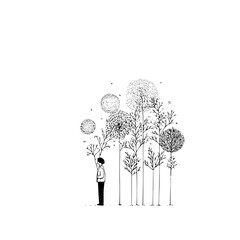 Poster - Minimalist drawing of person standing near trees with circular foliage in black and white illustration art