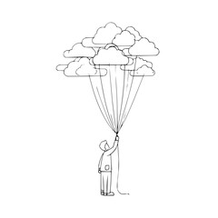 Poster - a person holding a bunch of clouds with strings attached in a black and white line drawing illustrat