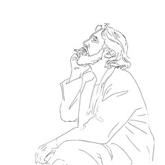 Poster - line drawing of a bearded man in a robe smoking a cigarette while looking up and to the left side