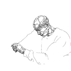 Poster - Abstract line art depiction of a person with a tangled head and hands in a white background style