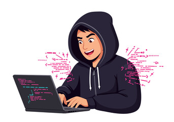Hoodie hacker coding smiling laptop pink code streams