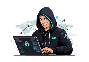Sinister hacker in hoodie exploits system on laptop with global tech network