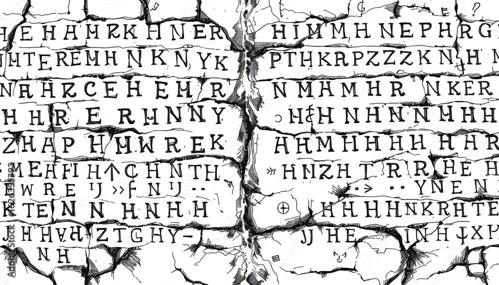 A black-and-white sketch of a crumbling wall covered in ancient runes ...