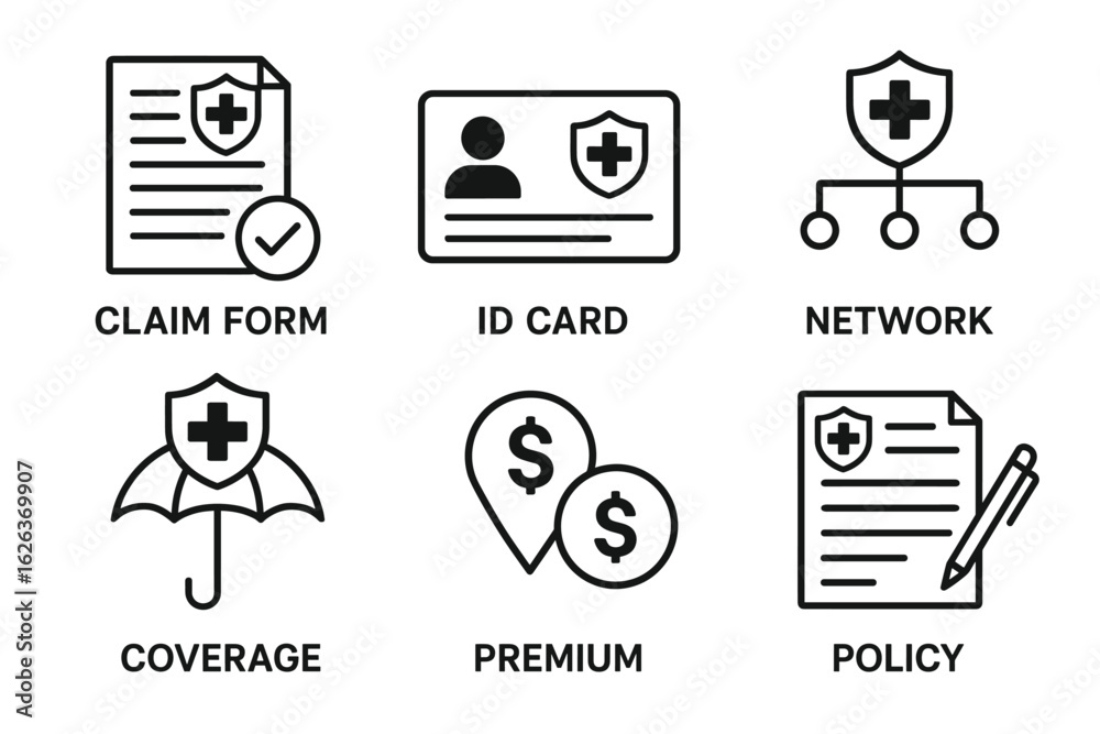 Healthcare insurance icons: claim form, id card, network, coverage ...