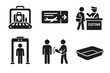 © ZubVector - Airport security icons: baggage scan, boarding pass, customs, metal detector, inspection, tray