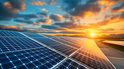 Solar panel array under vibrant sunset sky with clouds, capturing renewable energy and sustainable technology in scenic outdoor environment with warm sunlight glow