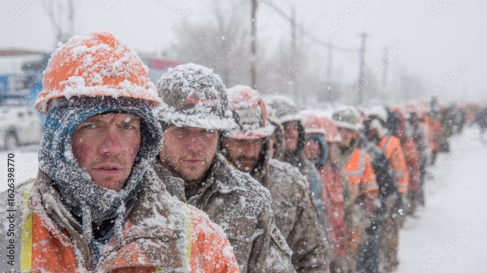 Snow Fall Hard Workers in hard hats stand in a line during heavy snowfall. Great for ...