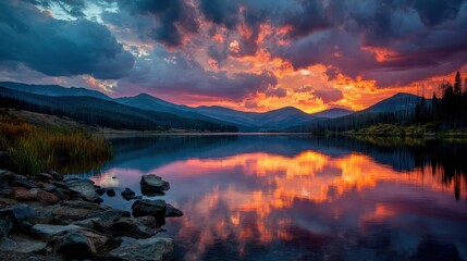 Wall Mural - Sunset sky reflecting in a serene lake with mountains and trees in the background. Use this image to add beauty and nature to your travel and outdoor designs.