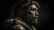 © Benjamin - Close-up portrait of a prehistoric human ancestor with detailed facial features, textured skin, and long hair. The image captures the expressive eyes and rugged look, highlighting the evolution of ear
