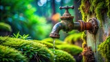 A weathered outdoor faucet, dripping pure water, nestled amongst vibrant green moss and foliage, symbolizes the preciousness of natural resources.