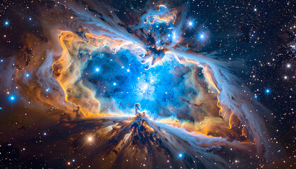 Wall Mural - cosmic nebula with glowing blue and orange gas clouds surrounded by bright stars in deep space