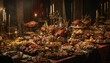 © Maryna - Medieval-style banquet table with opulent food and golden tableware. Roasted meats, fruits, pastries, and candles create a luxurious atmosphere in grand dark wood room with white tablecloth.