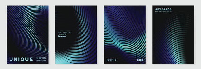 Poster - Abstract line wave gradient poster background vector set. Minimalist cover template with vibrant perspective line wave in motion. Ideal design for social media, cover, banner, flyer, music, ads.