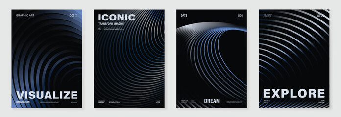 Poster - Abstract line wave gradient poster background vector set. Minimalist cover template with vibrant perspective line wave in motion. Ideal design for social media, cover, banner, flyer, music, ads.
